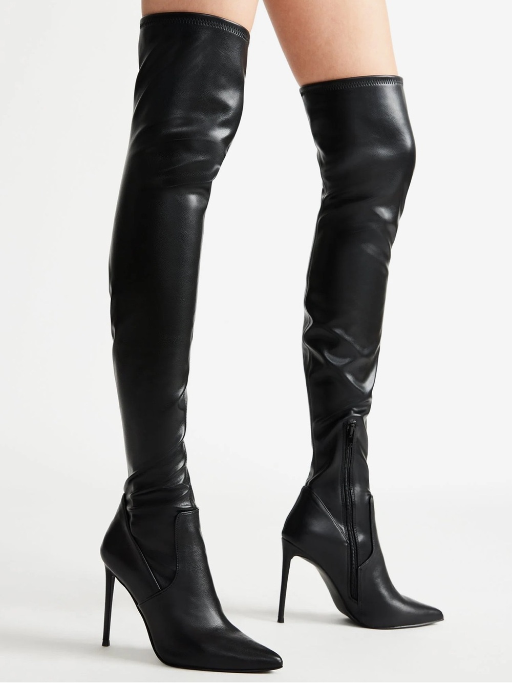 Black Leather Pointed-Toe thigh high boots